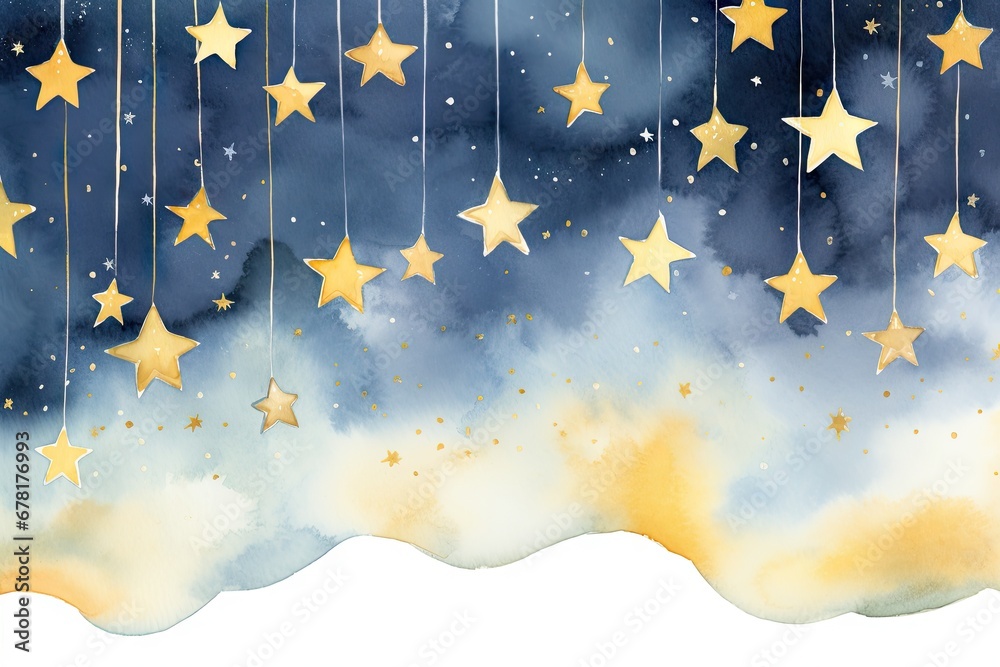 Golden stars  surrounded by blue clouds on night sky. Cute children background. Watercolor baby backdrop with copy space for greeting card, print, invitation,  poster, nursery, baby shower - obrazy, fototapety, plakaty 