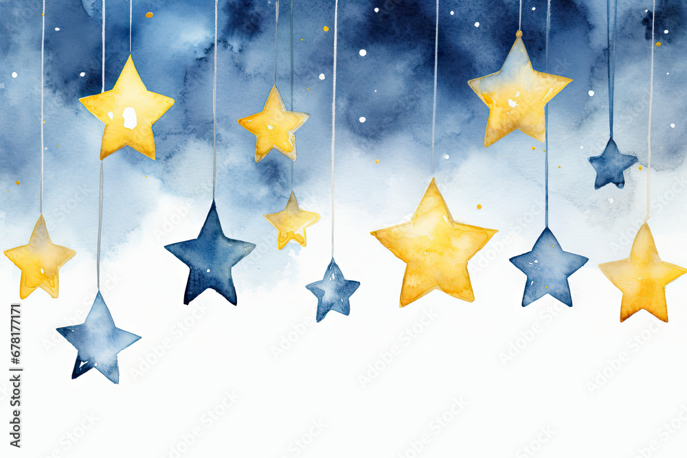 Golden stars surrounded by blue clouds on night sky. Cute children background. Watercolor baby backdrop with copy space for greeting card, print, invitation, poster, nursery, baby shower Golden stars surrounded by blue clouds on night sky. Cute children background. Watercolor baby backdrop with copy space for greeting card, print, invitation, poster, nursery, baby shower