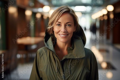 Portrait of a smiling woman in her 40s wearing a lightweight packable anorak against a luxurious hotel lobby. AI Generation photo