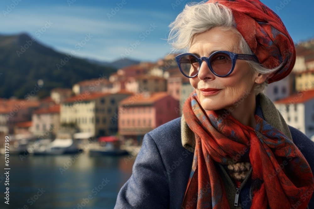 Portrait of a satisfied woman in her 60s wearing a versatile buff against a picturesque seaside village. AI Generation