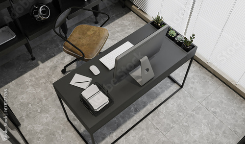 Black and Graceful Reading Zone Interior With Cozy leather Chair and Desktop on the Table, 3D rendering © CGI