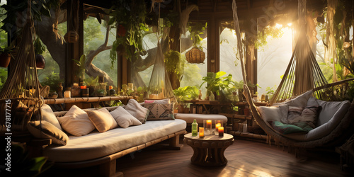 Eco-house interior among forest and green plants, decorated with hammocks, sofa and pillows for a relaxing atmosphere