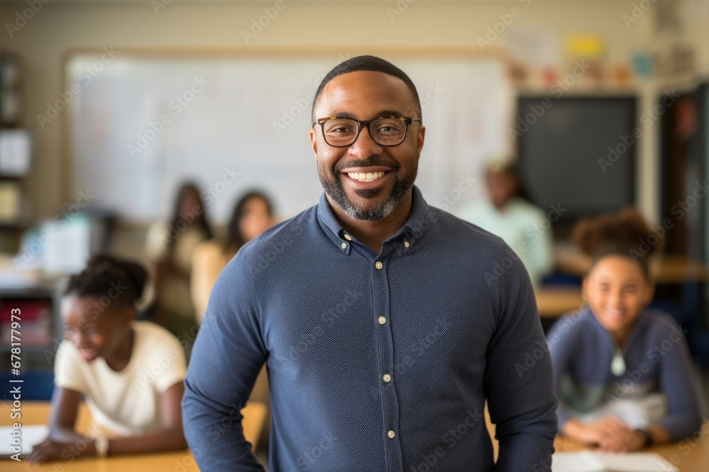 Fototapeta premium smiling African American man wearing glasses teaching in classroom. AI Generated