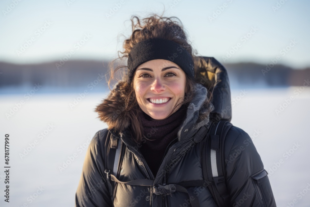 Portrait of a smiling woman in her 30s dressed in a breathable mesh vest against a backdrop of a frozen winter lake. AI Generation