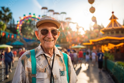 Portrait of a satisfied man in his 80s sporting a vented fishing shirt against a vibrant amusement park. AI Generation