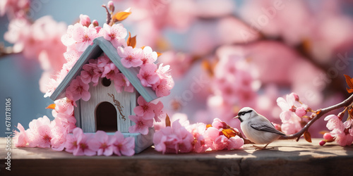 a beautiful birdhouse on a branch with blooming pink flowers and a flying bird