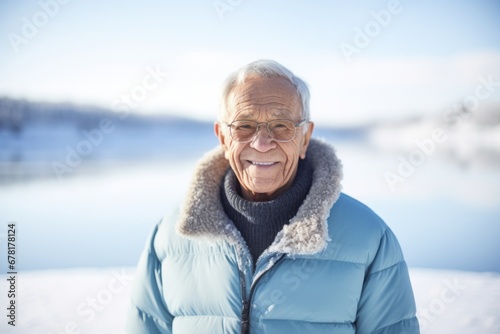 Portrait of a blissful elderly man in his 90s donning a classy polo shirt against a backdrop of a frozen winter lake. AI Generation