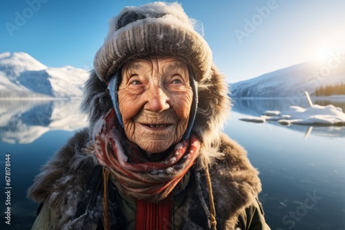 Portrait of a smiling elderly 100 year old woman showing off a lightweight base layer against a backdrop of a frozen winter lake. AI Generation