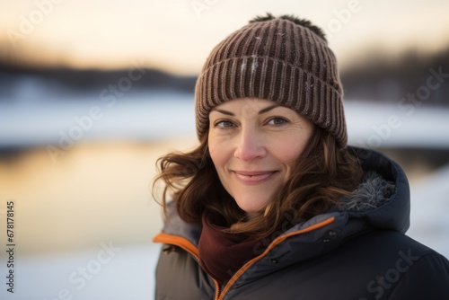 Portrait of a tender woman in her 40s sporting a trendy beanie against a backdrop of a frozen winter lake. AI Generation