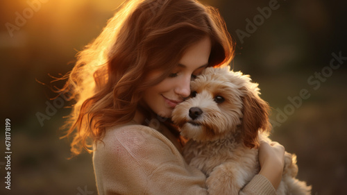 A Woman's Love: Tender Moment of Holding Her Dog with Affection.