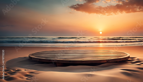 On the beach at dusk, there's an empty circular wooden platform.