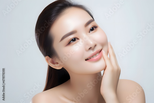Beautiful smiling asian korean woman touch face with smooth healthy skin. Beautiful woman portrait