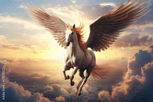 Pegasus horse with wings flying up in the sky.