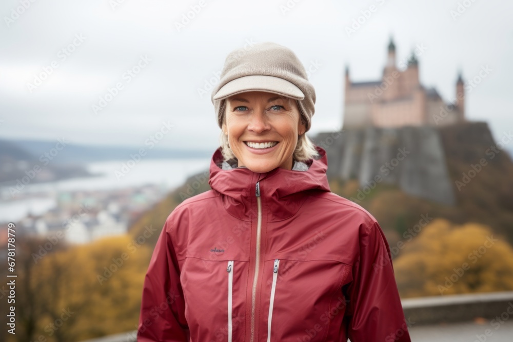 Portrait of a grinning woman in her 50s wearing a windproof softshell against a backdrop of a grand castle. AI Generation