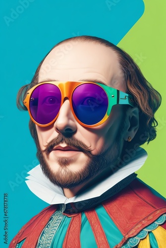 William shakespeare wearing a colorful sunglasses on party colored background from Generative AI