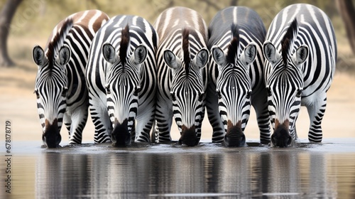 A group of zebras drinking water from a serene pond  their reflections visible on the water s surface.