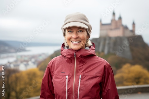 Portrait of a grinning woman in her 50s wearing a windproof softshell against a backdrop of a grand castle. AI Generation © CogniLens