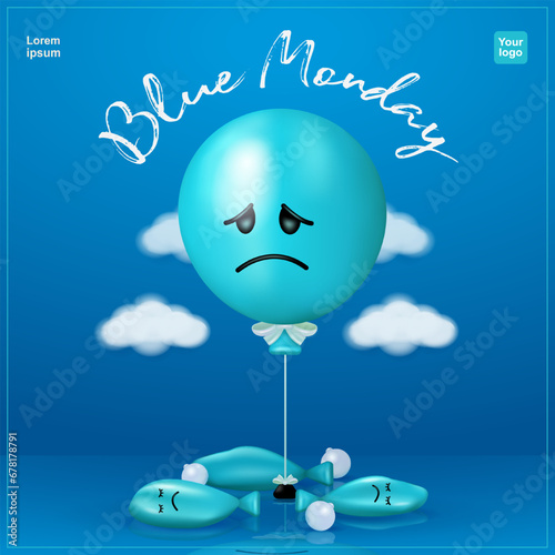 Blue Monday. A sad blue balloon because his friend is deflated, with clouds around him. 3d vector, suitable for events and mental health photo