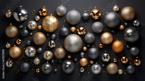 Christmas decorations on dark background. Golden and black balls, decorations, confetti. Xmas greeting card template. Happy New Year banner mockup.