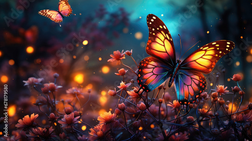 colorful butterflies flying in the sunset sky,beautiful nature spring background with fresh flowers and flying butterflies on a soft blurred blue background spring or summer. Romantic dreamy artistic