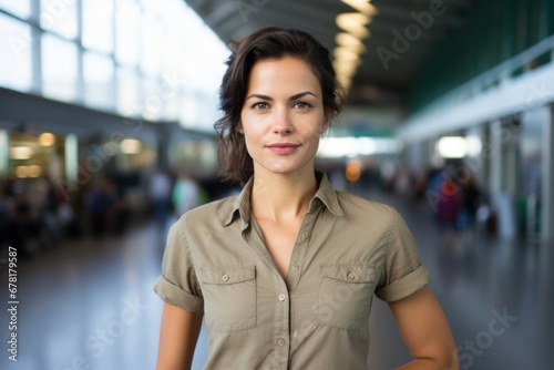 Portrait of a content woman in her 30s sporting a breathable hiking shirt against a bustling airport terminal background. AI Generation