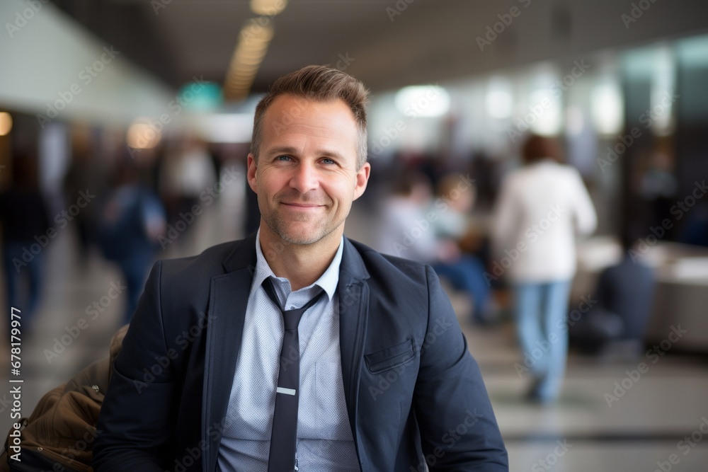 Portrait of a cheerful man in his 40s dressed in a polished vest against a bustling airport terminal. AI Generation
