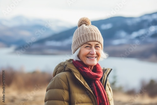 Portrait of a tender woman in her 70s sporting a trendy beanie against a bustling airport terminal background. AI Generation