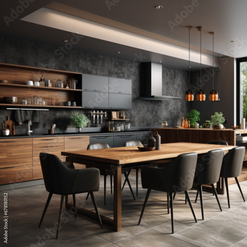 Interior of modern kitchen with grey walls  concrete floor  gray countertops  wooden cupboards and dining table with black chairs. 3d rendering Generative AI