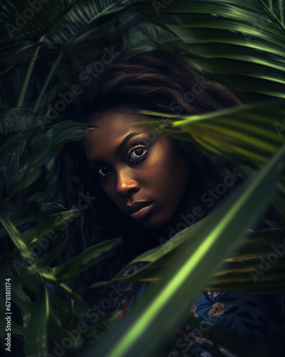 Dark skinned young girl is peering from a lush tropical greenery. Beauty photography of a black model surrounded by tropical leaves.