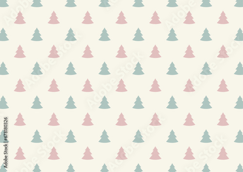 Christmas trees and snowflakes, background. Vector, flat pattern with white Christmas trees and snowflakes on cream background.