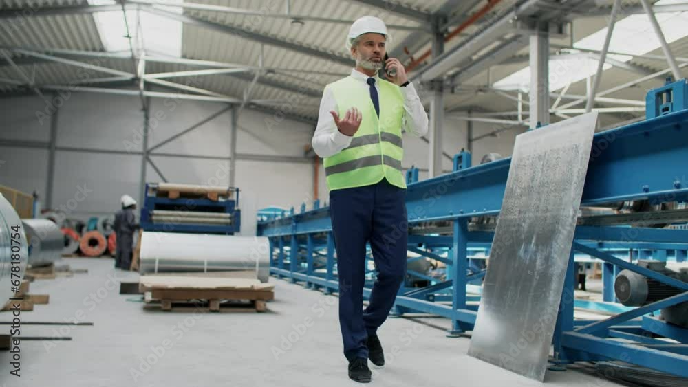 Caucasian inspector with reflection vest and safety helmet walking along metal technical machine in warehouse. Busy man talking on his smartphone. In background workers producing industrial goods. Caucasian inspector with reflection vest and safety helmet walking along metal technical machine in warehouse. Busy man talking on his smartphone. In background workers producing industrial goods.