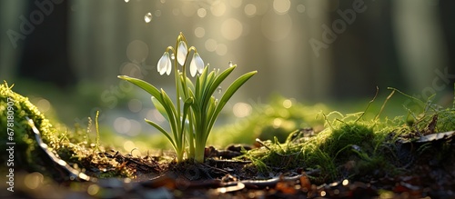 In the blooming forest of spring a white snowdrop emerged from the lush green garden bringing hope and rejuvenation to the surrounding plants and orchard © TheWaterMeloonProjec