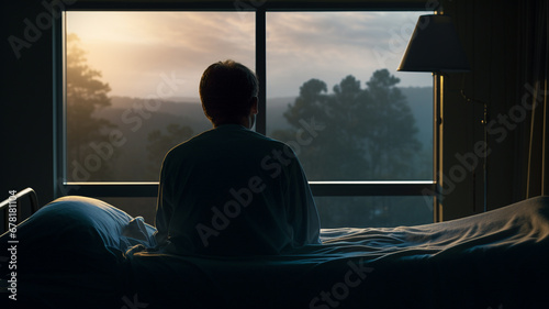 Contemplative Recovery: Man Sitting on Hospital Bed in Solitude © HADAPI