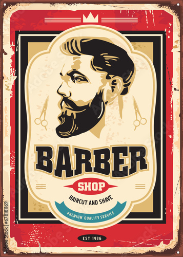 Barber shop retro poster design with man portrait graphic. Vintage advertisement for men salon for haircuting and shaving. Vintage vector sign template.