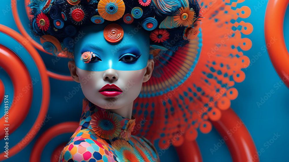 Mysterious Woman with colorful eye futuristic makeup portrait - obrazy, fototapety, plakaty 