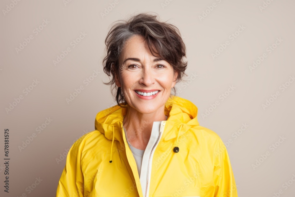 Portrait of a happy woman in her 60s dressed in a water-resistant gilet against a pastel yellow background. AI Generation Portrait of a happy woman in her 60s dressed in a water-resistant gilet against a pastel yellow background. AI Generation