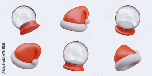 Collection with glass ball on red rack and Christmas hat in different positions. Christmastime and celebration. Vector illustration in 3d style in red colors