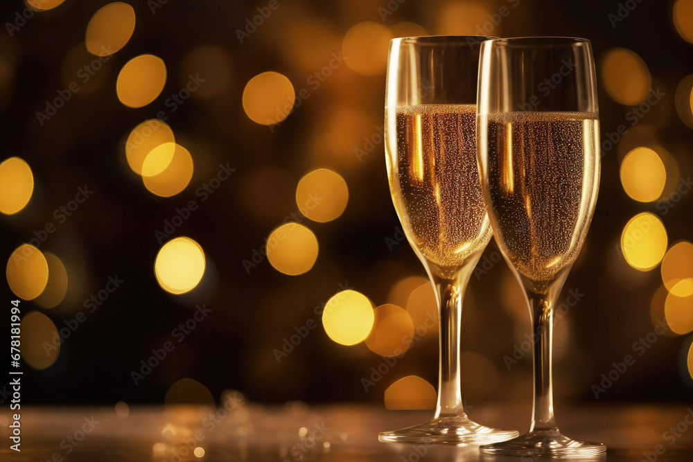 Champagne glasses on gold bokeh background