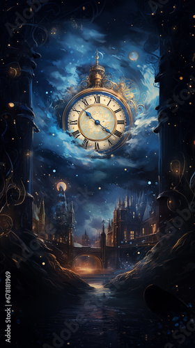 New Years eve midnight clock at winter magical night