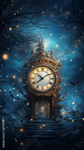 New Years eve midnight clock at winter magical night photo