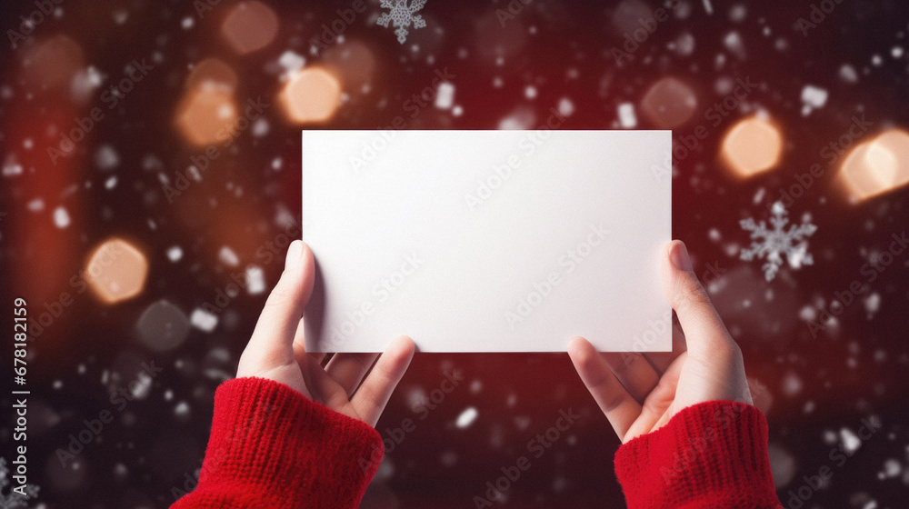 Close up of woman holding blank paper against christmas background with snowflakes. Close up of woman holding blank paper against christmas background with snowflakes.