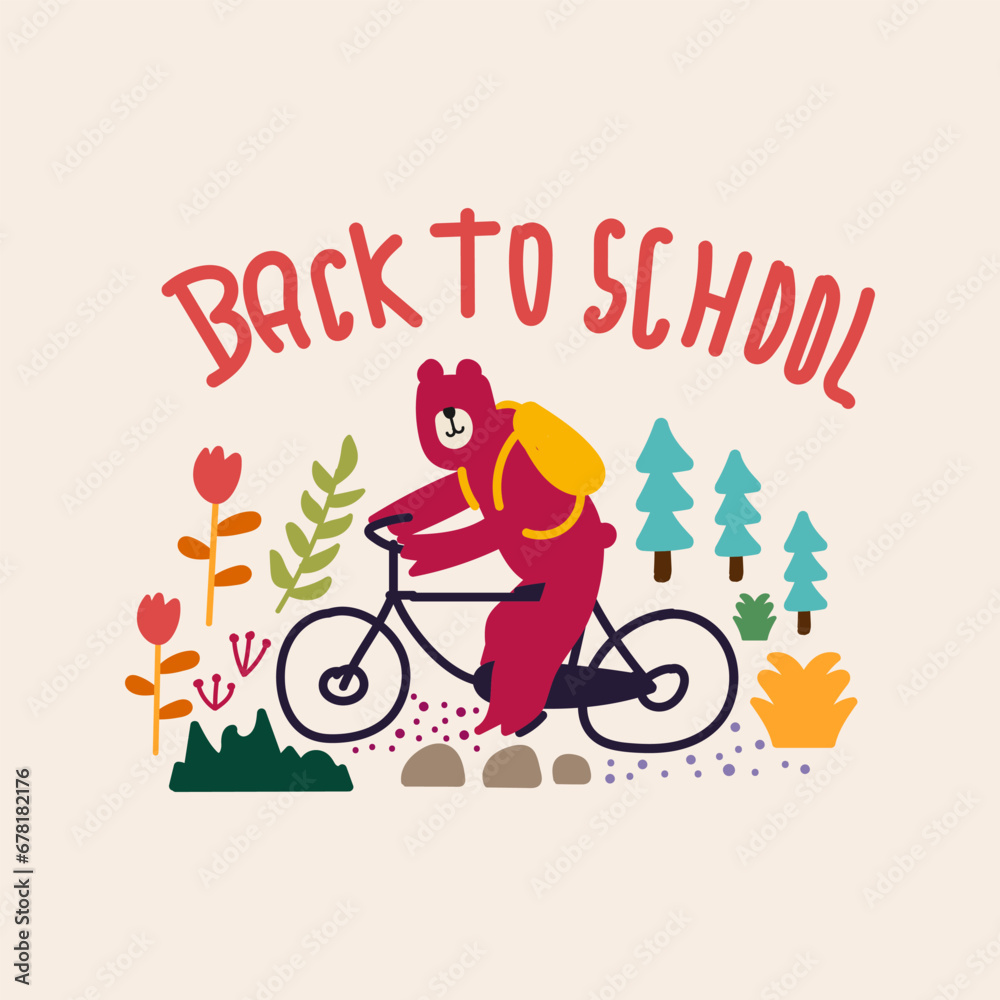 Fototapeta premium Cute bear riding a bike to school, hand drawn illustration for for fabric, textile and print