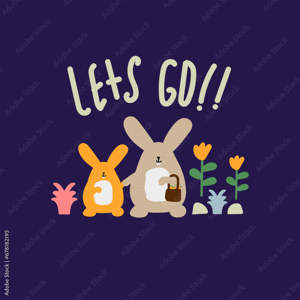 Cute bunnies carrying carrots basket, hand drawn illustration for for fabric, textile and print