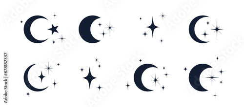 Moon with stars set. Half moon, crescent with star, night sky background. Half moon symbol, graphic elements, light star shapes graphic, boho witch mystic crescent icon collection. Vector Illustration