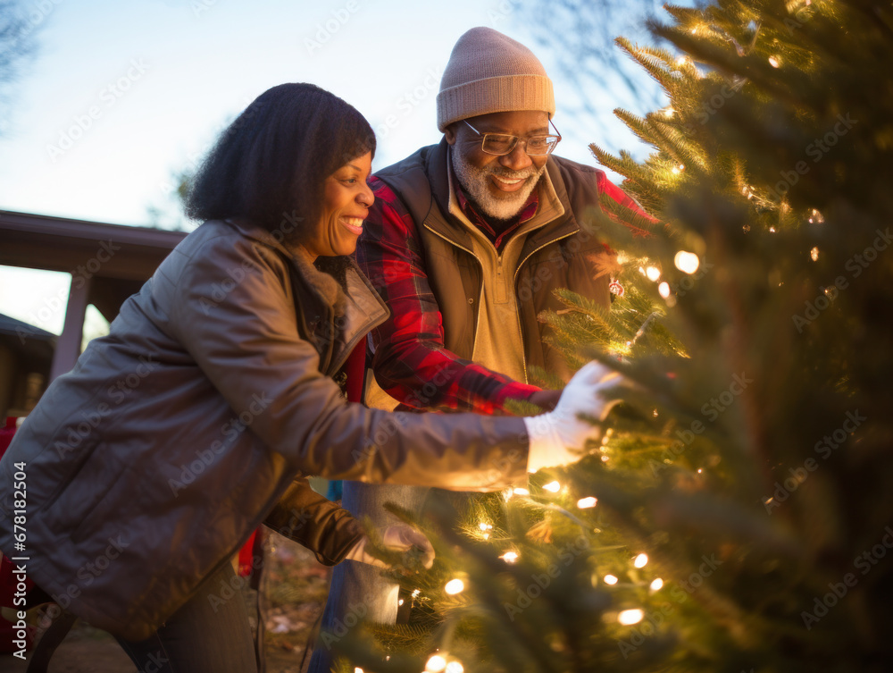 A couple were doing Christmas decorations in their backyard at night A couple were doing Christmas decorations in their backyard at night