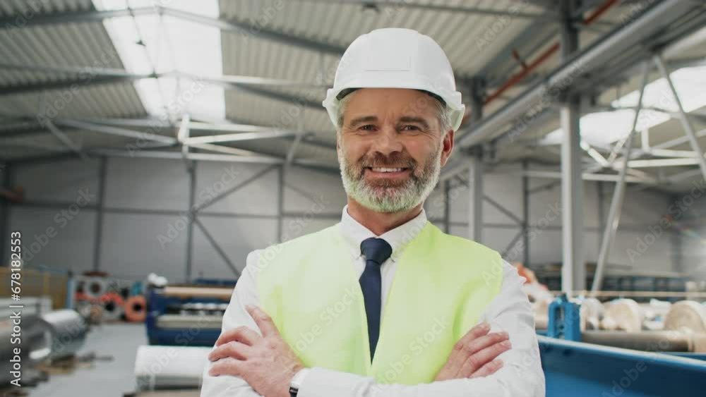 Portrait of smart Caucasian inspector with helmet and reflection vest crossing hands at camera while standing in large warehouse. Having good feelings while checking manufacturing industrial goods. Portrait of smart Caucasian inspector with helmet and reflection vest crossing hands at camera while standing in large warehouse. Having good feelings while checking manufacturing industrial goods.