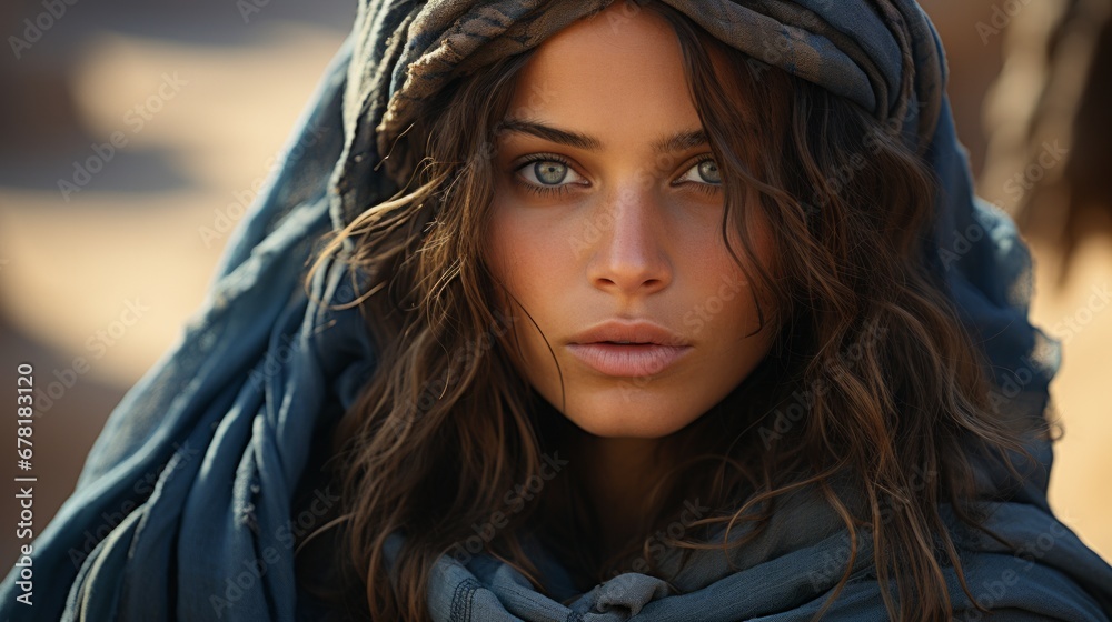 Portrait einer Frau mit brünetten Haaren unter einem blauen Tuch Portrait einer Frau mit brünetten Haaren unter einem blauen Tuch