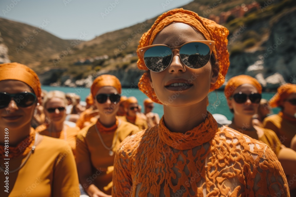 Stylish Woman in Orange Attire with Reflective Sunglasses at a Sunny Coastal Setting