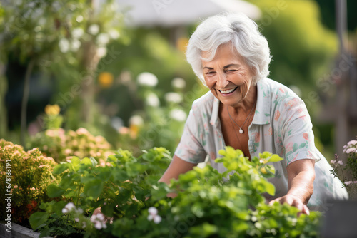 Elderly smiling female gardener standing in her garden amidst plants and blooms in summer. A hobby for retired people, gardening and floriculture.