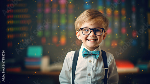 Little School child in eyeglasses portrait on background of blackboard in classroom, charts on a blackboard. Creative concept of developmental classes, math club, mind training for children. 
